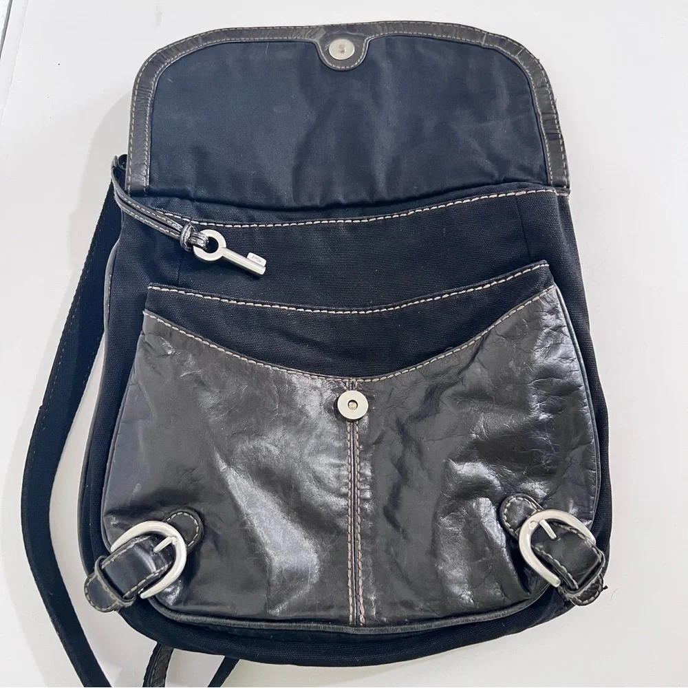 Fossil Black Leather & Canvas Messenger Crossbody Bag Purse Unisex